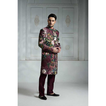 Rivaar by Rocky Star Maroon Printed Sherwani (Set of 2)