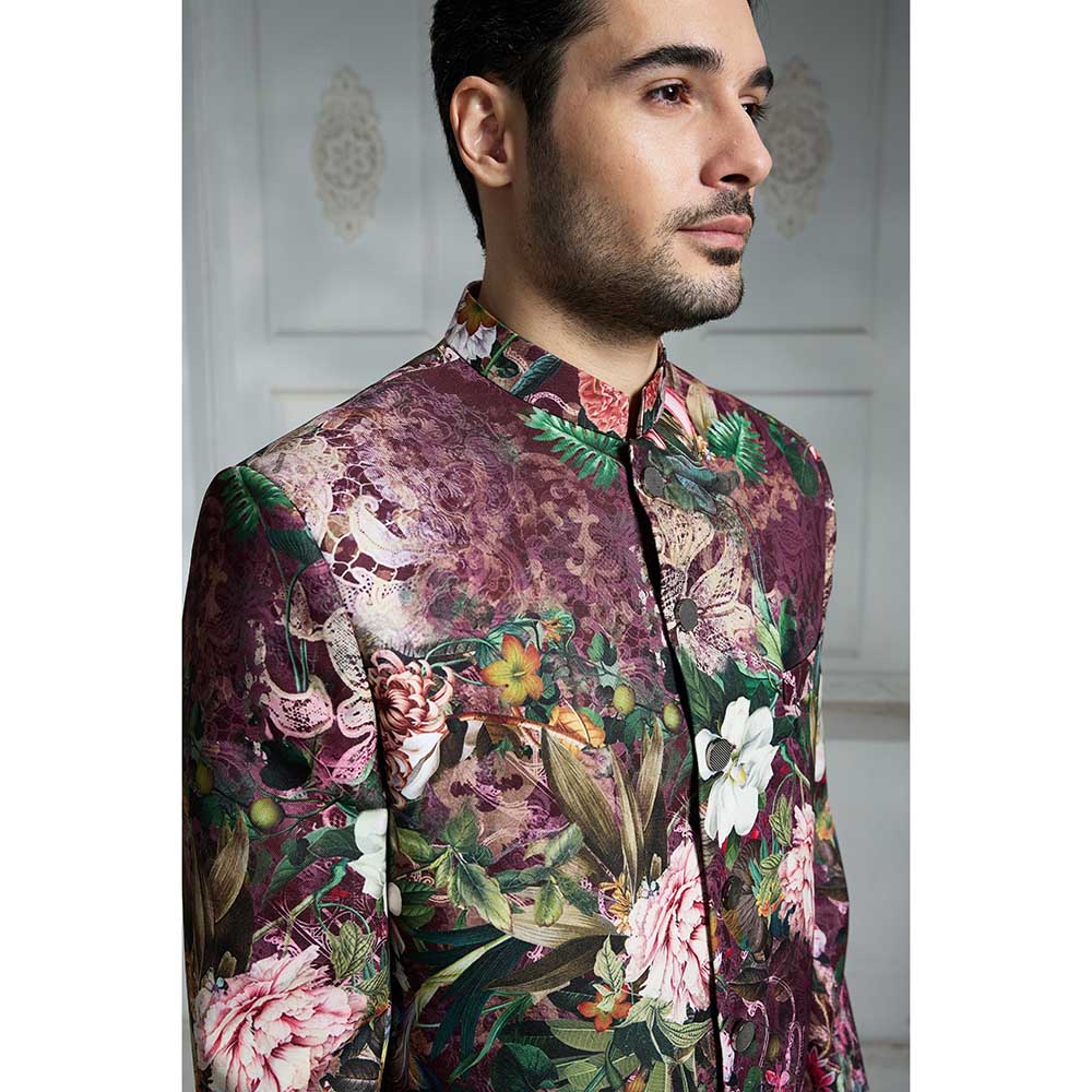 Rivaar by Rocky Star Maroon Printed Sherwani (Set of 2)