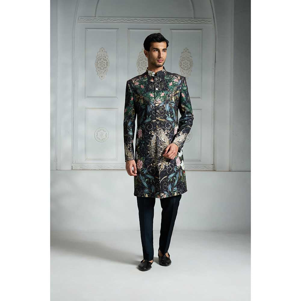 Rivaar by Rocky Star Black Printed Sherwani (Set of 2)