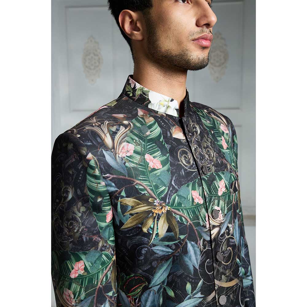 Rivaar by Rocky Star Black Printed Sherwani (Set of 2)