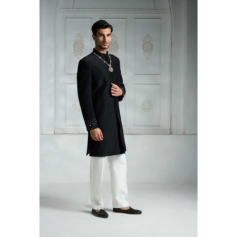 Rivaar by Rocky Star Black Solid Sherwani (Set of 2)
