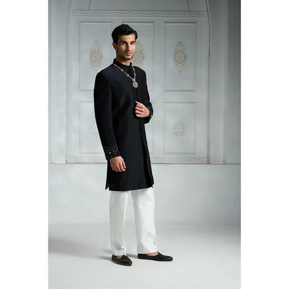 Rivaar by Rocky Star Black Solid Sherwani (Set of 2)