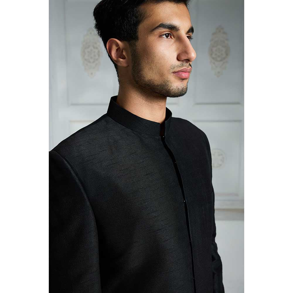Rivaar by Rocky Star Black Solid Sherwani (Set of 2)