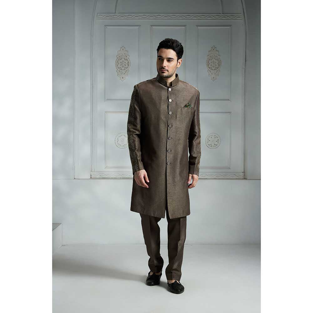Rivaar by Rocky Star Grey Solid Sherwani (Set of 2)