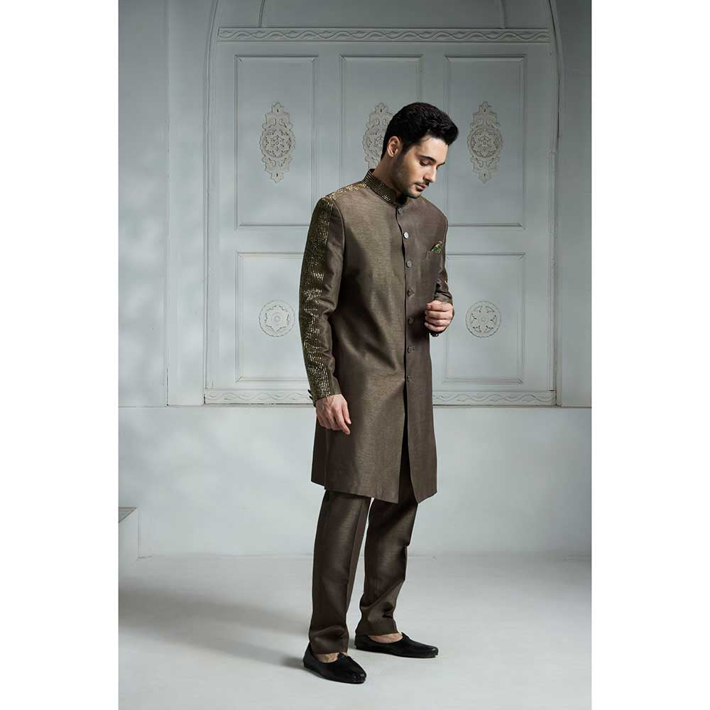 Rivaar by Rocky Star Grey Solid Sherwani (Set of 2)