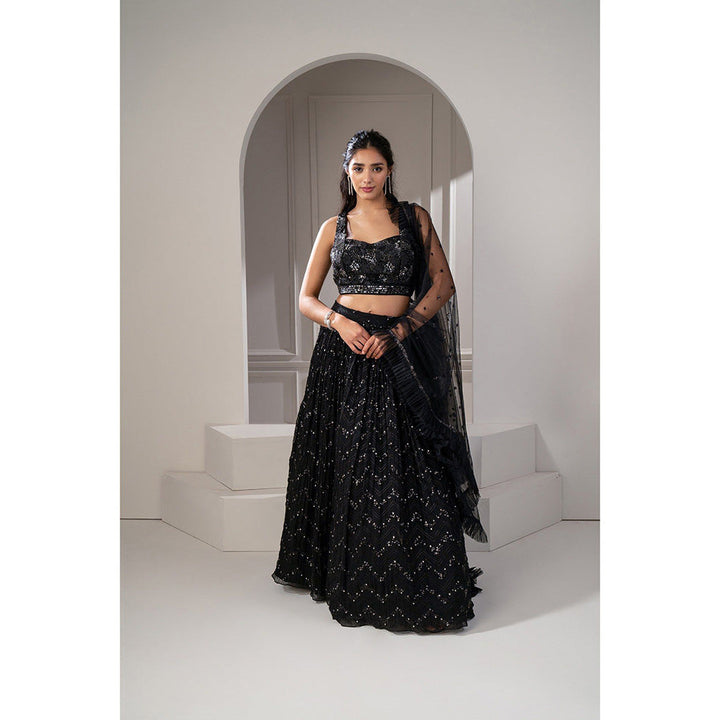 RIYAASAT Jet Black Sequins Embroidered Georgette Lehenga with Blouse and Dupatta (Set of 3)