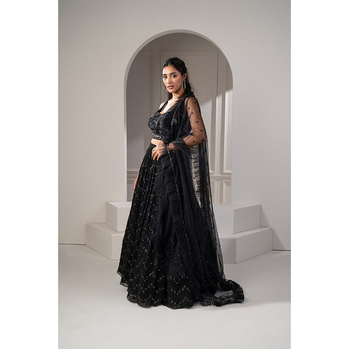 RIYAASAT Jet Black Sequins Embroidered Georgette Lehenga with Blouse and Dupatta (Set of 3)