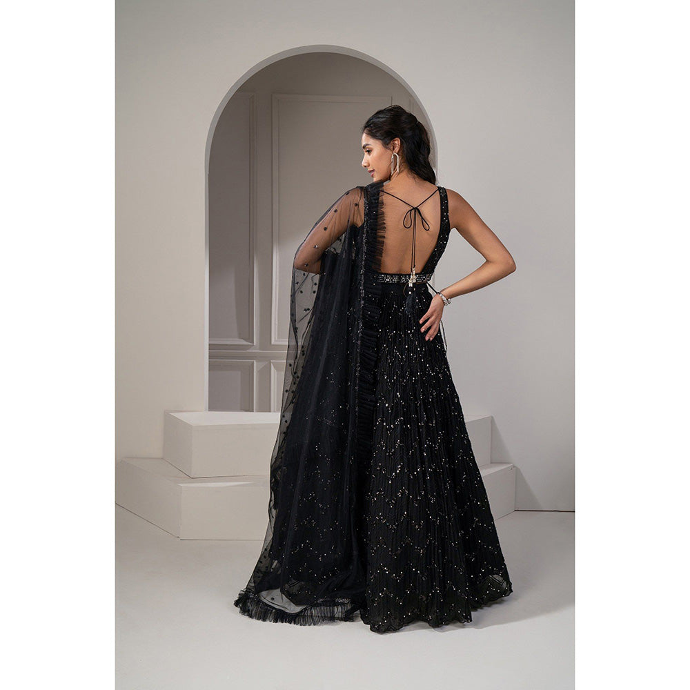 RIYAASAT Jet Black Sequins Embroidered Georgette Lehenga with Blouse and Dupatta (Set of 3)