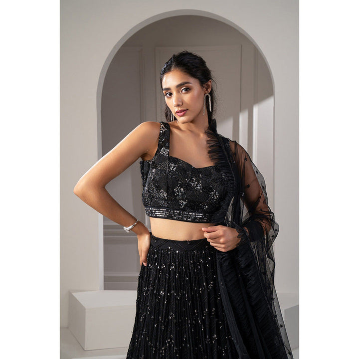 RIYAASAT Jet Black Sequins Embroidered Georgette Lehenga with Blouse and Dupatta (Set of 3)