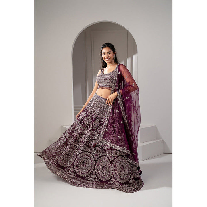 RIYAASAT Wine Net Sequins, Zari and Embroidered Lehenga with Blouse and Dupatta (Set of 3)