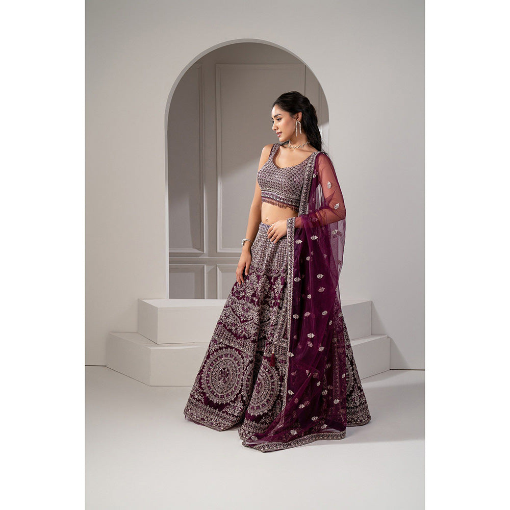 RIYAASAT Wine Net Sequins, Zari and Embroidered Lehenga with Blouse and Dupatta (Set of 3)