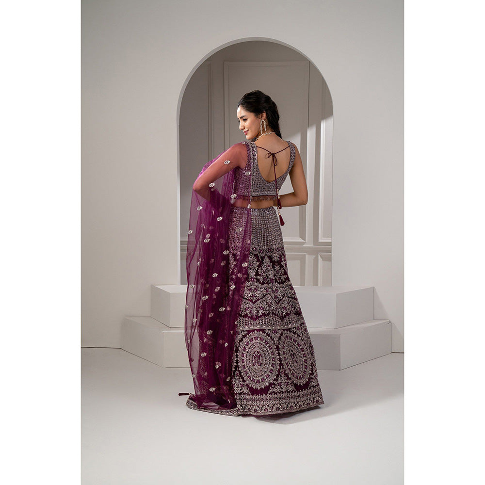 RIYAASAT Wine Net Sequins, Zari and Embroidered Lehenga with Blouse and Dupatta (Set of 3)