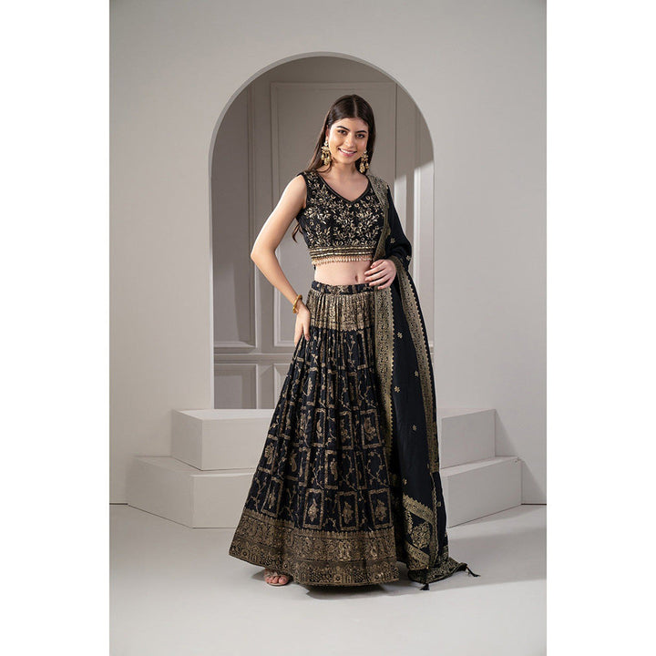 RIYAASAT Onyx Black Semi Silk Printed Lehenga with Blouse and Dupatta (Set of 3)