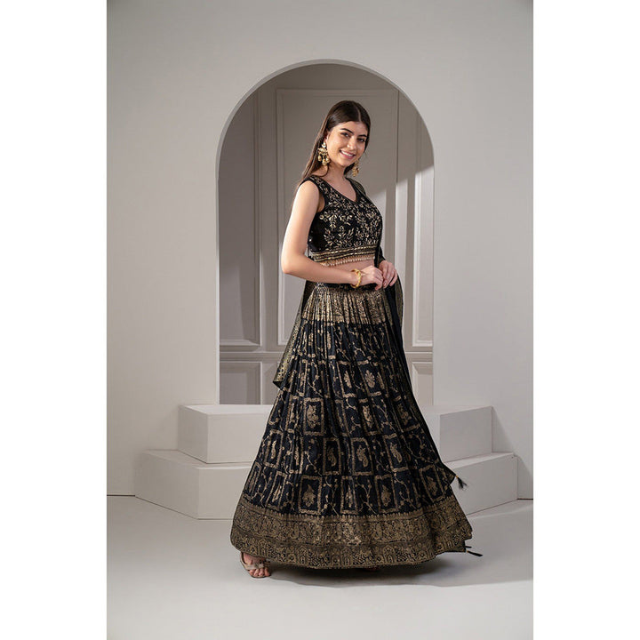 RIYAASAT Onyx Black Semi Silk Printed Lehenga with Blouse and Dupatta (Set of 3)