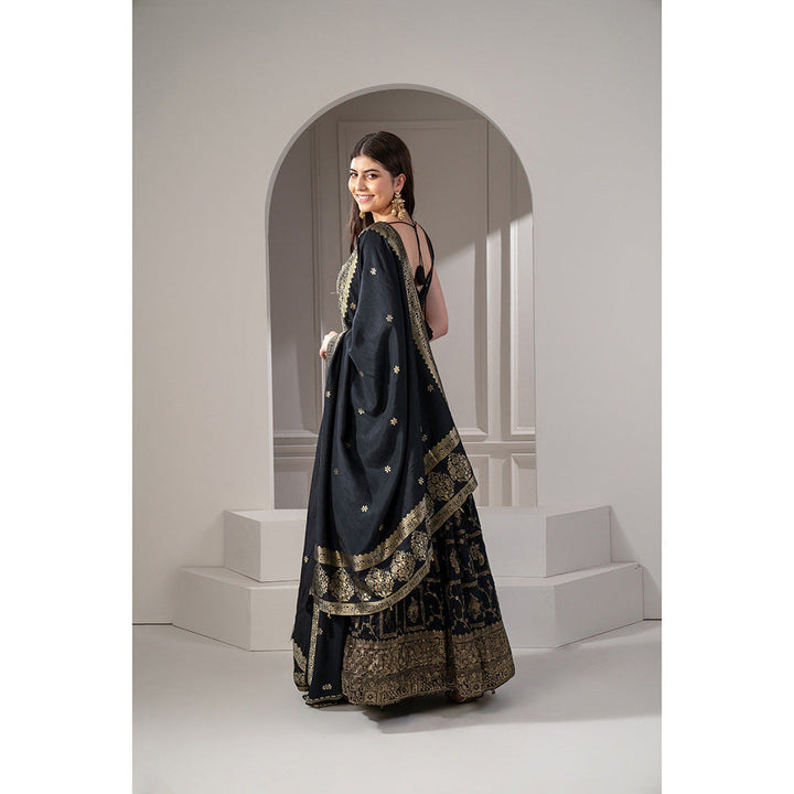 RIYAASAT Onyx Black Semi Silk Printed Lehenga with Blouse and Dupatta (Set of 3)