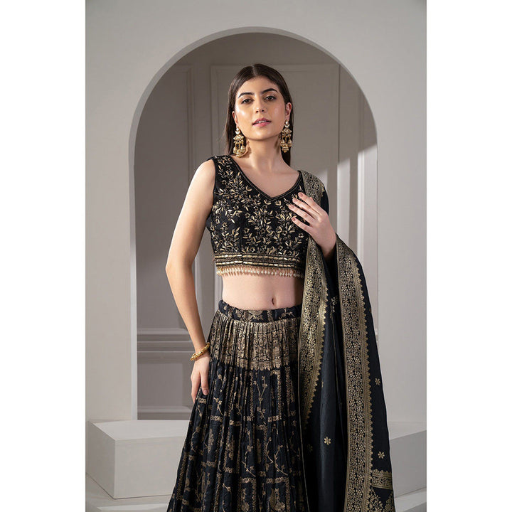 RIYAASAT Onyx Black Semi Silk Printed Lehenga with Blouse and Dupatta (Set of 3)