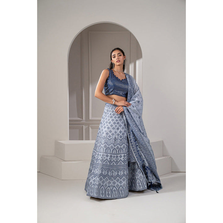 RIYAASAT Blue Silk Lehenga with Mirror Embellishements with Blouse and Dupatta (Set of 3)