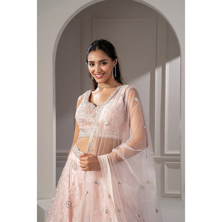 RIYAASAT Peach Net Lehenga with Mirror Embellishments with Blouse and Dupatta (Set of 3)