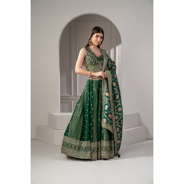 RIYAASAT Green Sequins Zari and Thread Embroidered Lehenga with Blouse and Dupatta (Set of 3)