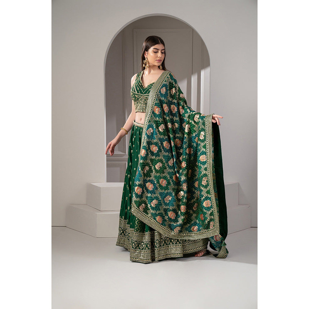 RIYAASAT Green Sequins Zari and Thread Embroidered Lehenga with Blouse and Dupatta (Set of 3)