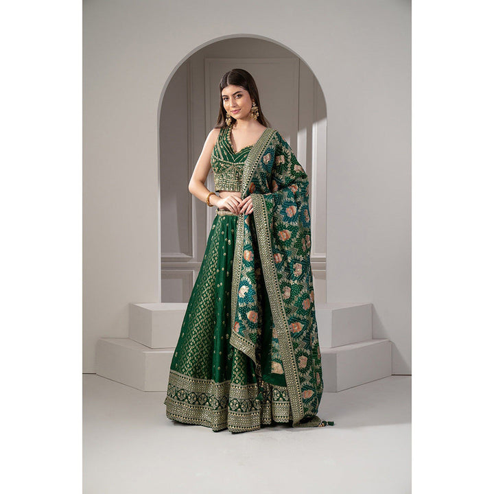 RIYAASAT Green Sequins Zari and Thread Embroidered Lehenga with Blouse and Dupatta (Set of 3)