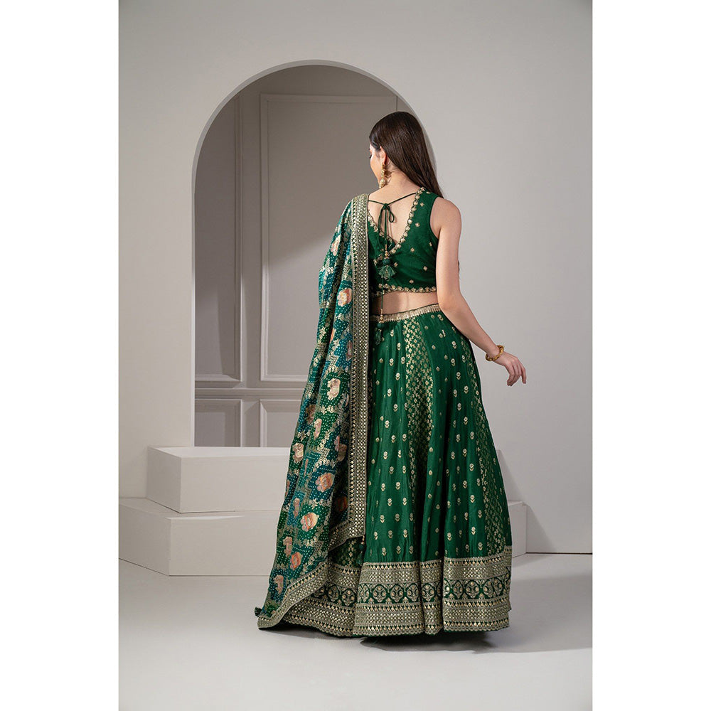 RIYAASAT Green Sequins Zari and Thread Embroidered Lehenga with Blouse and Dupatta (Set of 3)