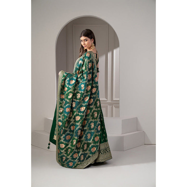 RIYAASAT Green Sequins Zari and Thread Embroidered Lehenga with Blouse and Dupatta (Set of 3)