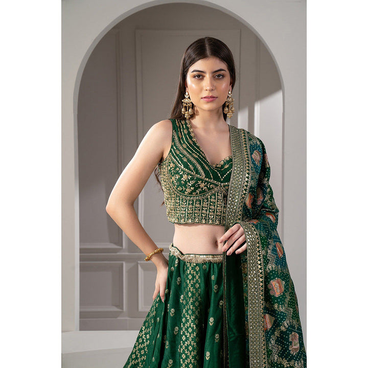 RIYAASAT Green Sequins Zari and Thread Embroidered Lehenga with Blouse and Dupatta (Set of 3)