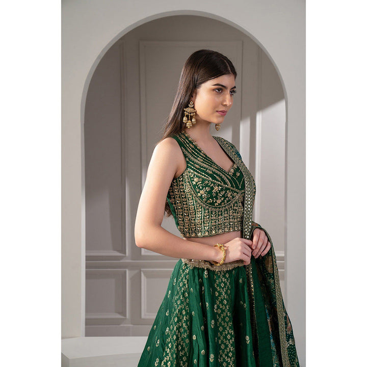 RIYAASAT Green Sequins Zari and Thread Embroidered Lehenga with Blouse and Dupatta (Set of 3)