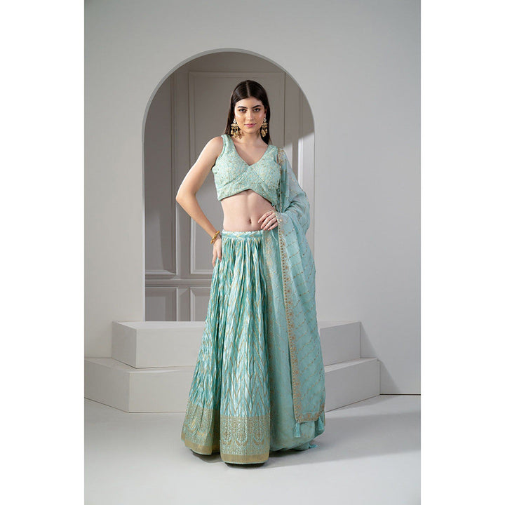 RIYAASAT Teal Printed Sequinned Embroidered Lehenga with Blouse and Dupatta (Set of 3)