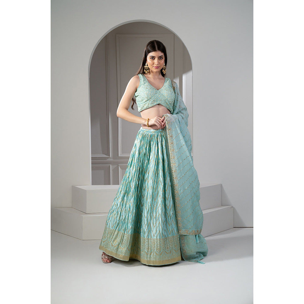 RIYAASAT Teal Printed Sequinned Embroidered Lehenga with Blouse and Dupatta (Set of 3)