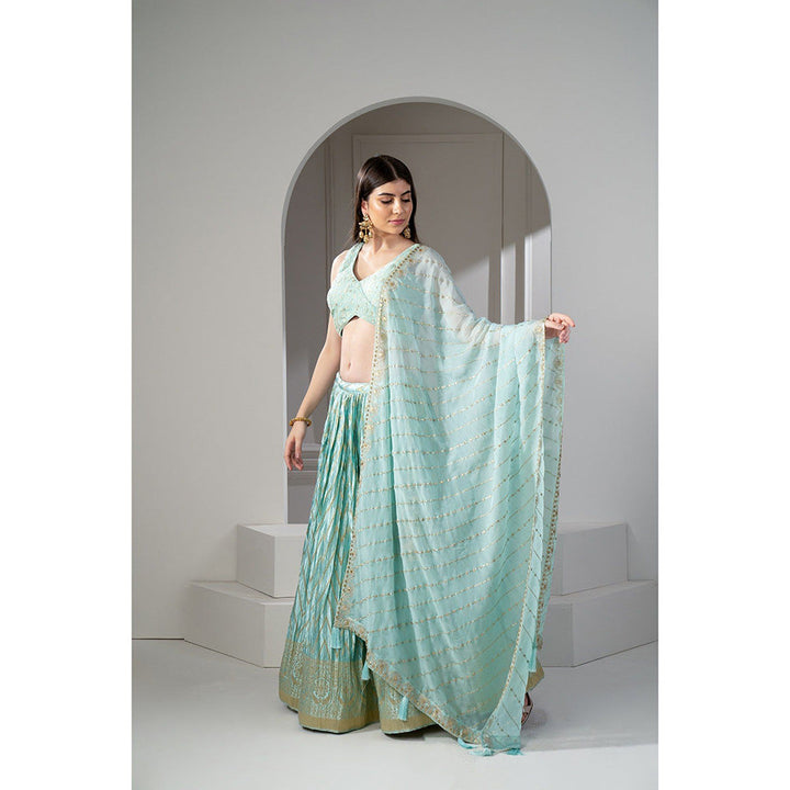 RIYAASAT Teal Printed Sequinned Embroidered Lehenga with Blouse and Dupatta (Set of 3)