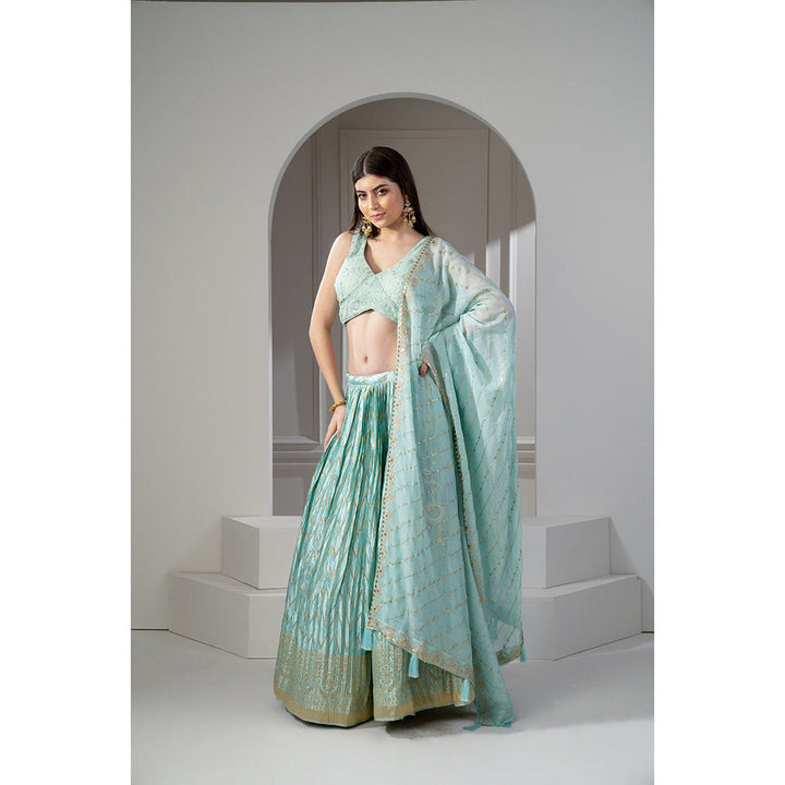 RIYAASAT Teal Printed Sequinned Embroidered Lehenga with Blouse and Dupatta (Set of 3)