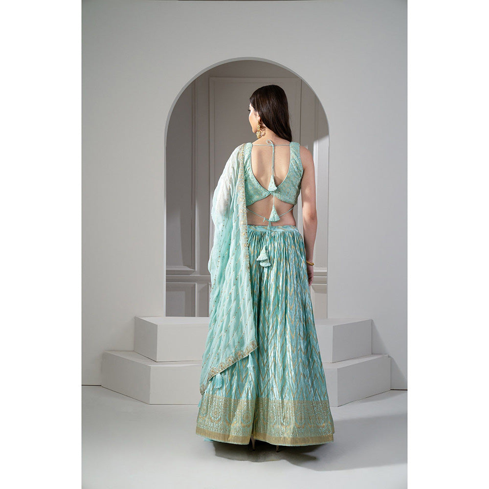 RIYAASAT Teal Printed Sequinned Embroidered Lehenga with Blouse and Dupatta (Set of 3)