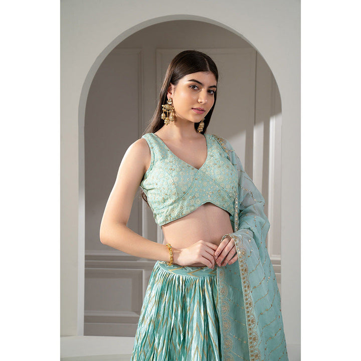 RIYAASAT Teal Printed Sequinned Embroidered Lehenga with Blouse and Dupatta (Set of 3)