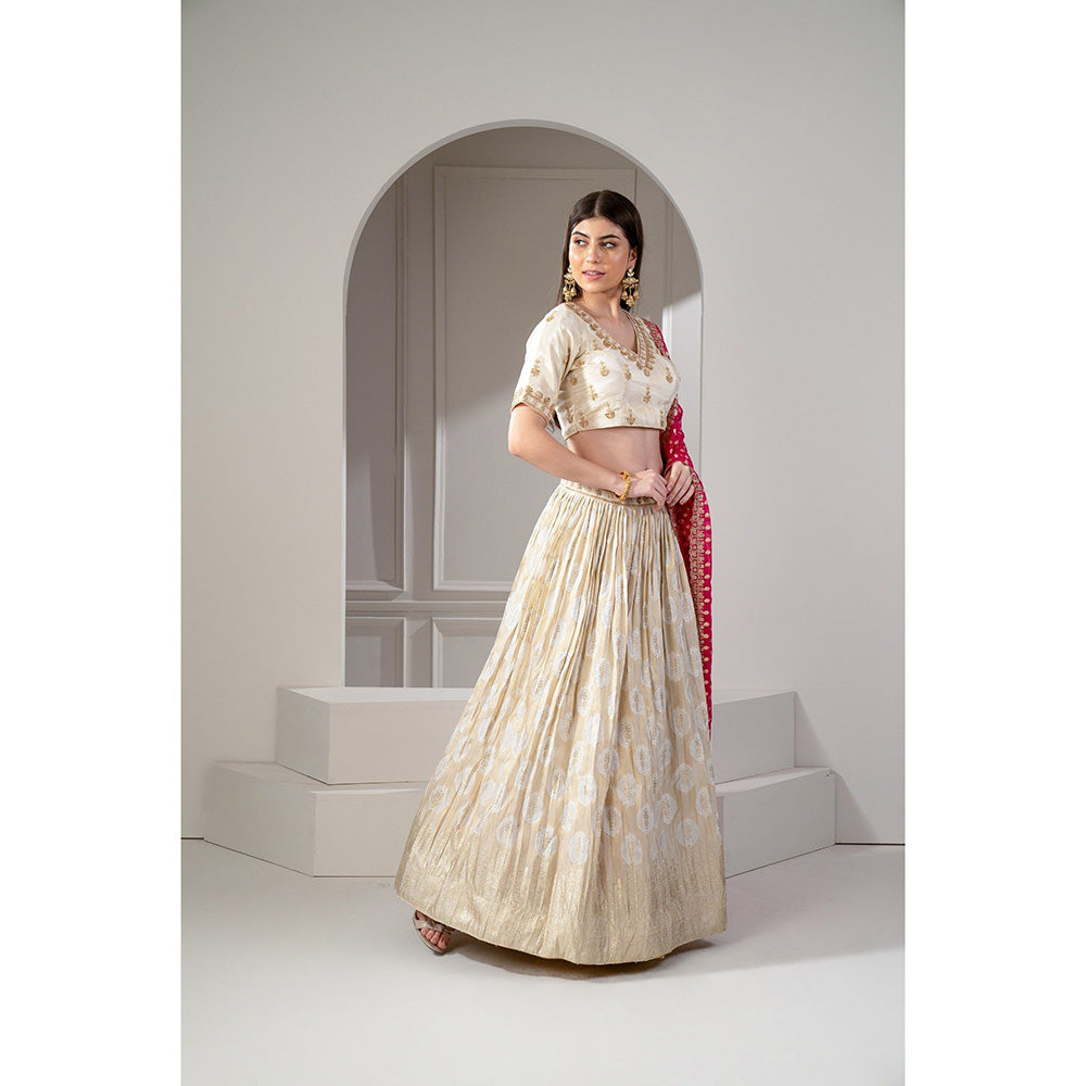 RIYAASAT Beige Banarasi Silk Zari Embroidered Lehenga with Blouse and Dupatta (Set of 3)