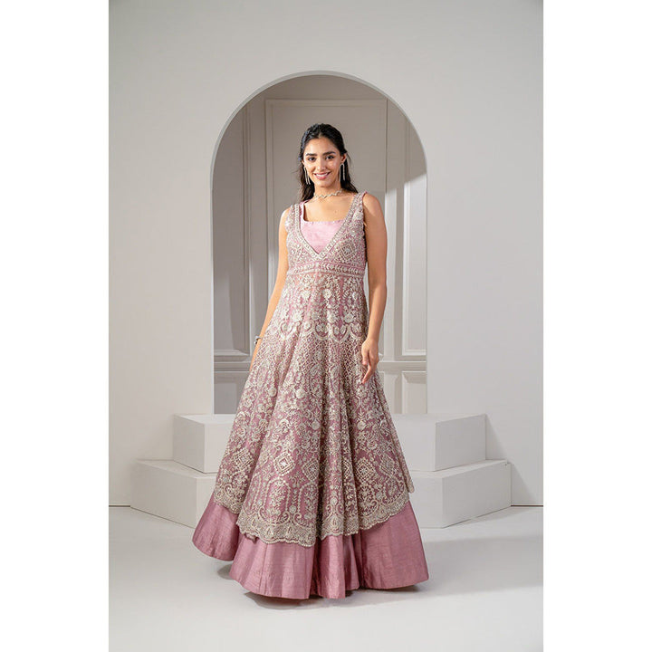 RIYAASAT Pink Raw Silk and Organza Net Gown with Stone Embellishments