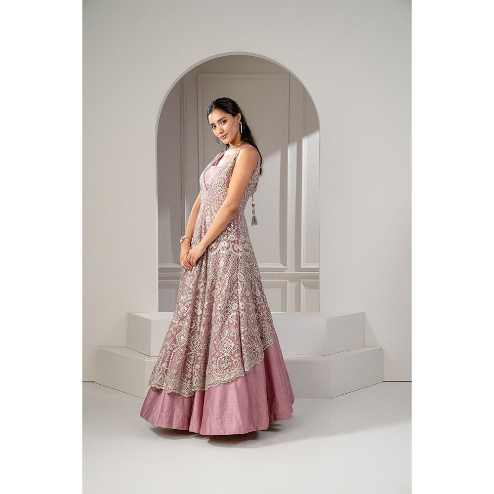 RIYAASAT Pink Raw Silk and Organza Net Gown with Stone Embellishments