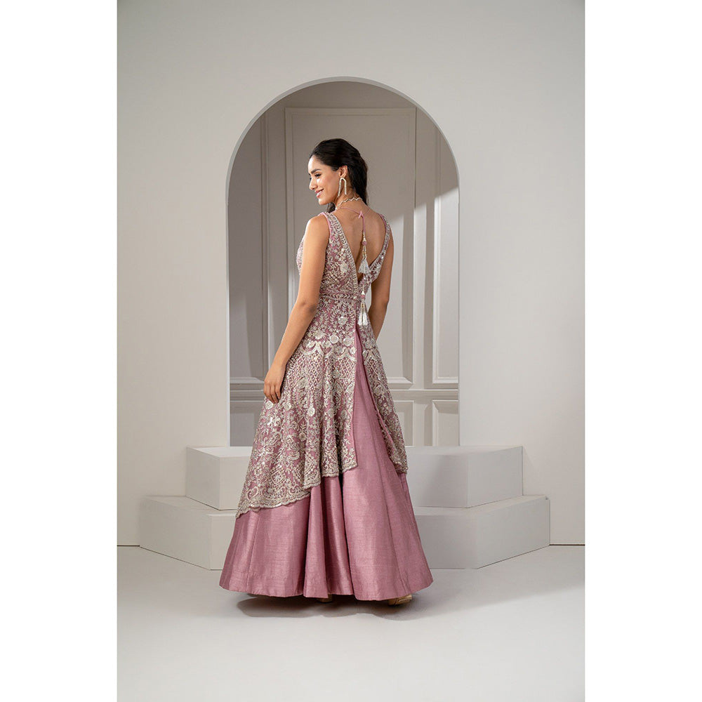 RIYAASAT Pink Raw Silk and Organza Net Gown with Stone Embellishments