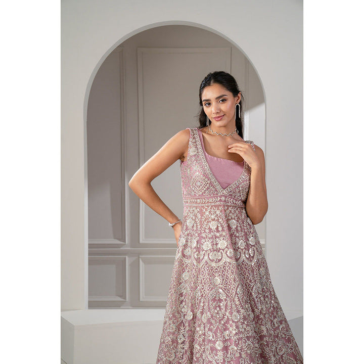 RIYAASAT Pink Raw Silk and Organza Net Gown with Stone Embellishments