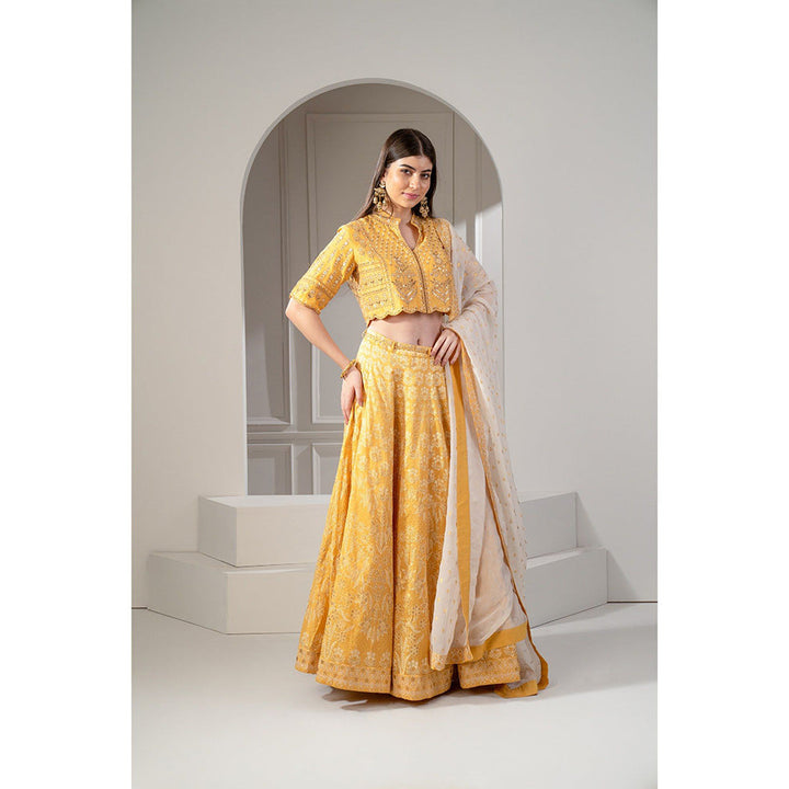 RIYAASAT Yellow Satin Silk Emroidered Indo Western Lehanga with Blouse and Dupatta (Set of 3)