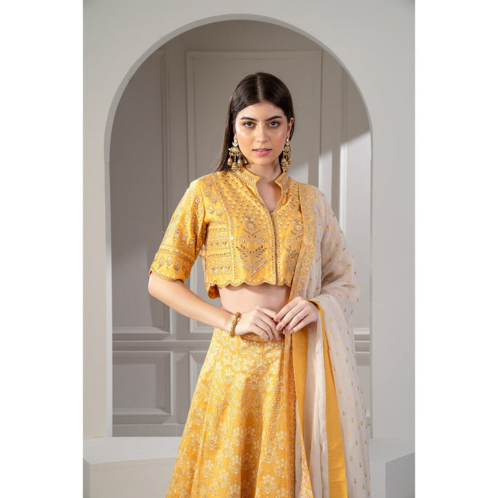 RIYAASAT Yellow Satin Silk Emroidered Indo Western Lehanga with Blouse and Dupatta (Set of 3)