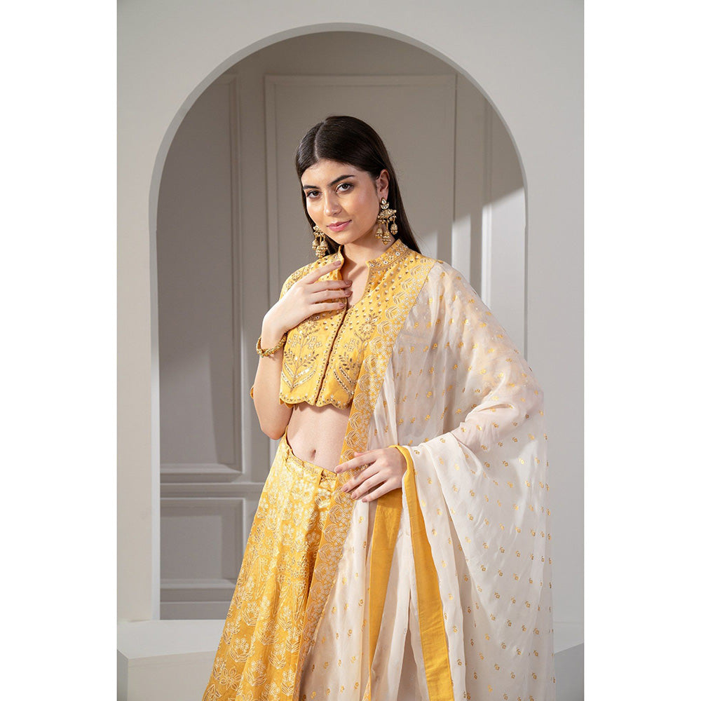 RIYAASAT Yellow Satin Silk Emroidered Indo Western Lehanga with Blouse and Dupatta (Set of 3)