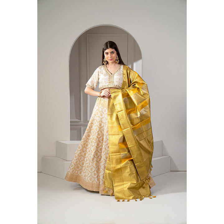 RIYAASAT Beige Banarasi Silk Zari Embroidered Lehenga with Blouse and Dupatta (Set of 3)