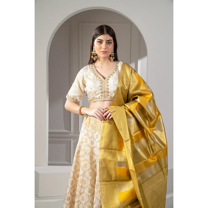 RIYAASAT Beige Banarasi Silk Zari Embroidered Lehenga with Blouse and Dupatta (Set of 3)