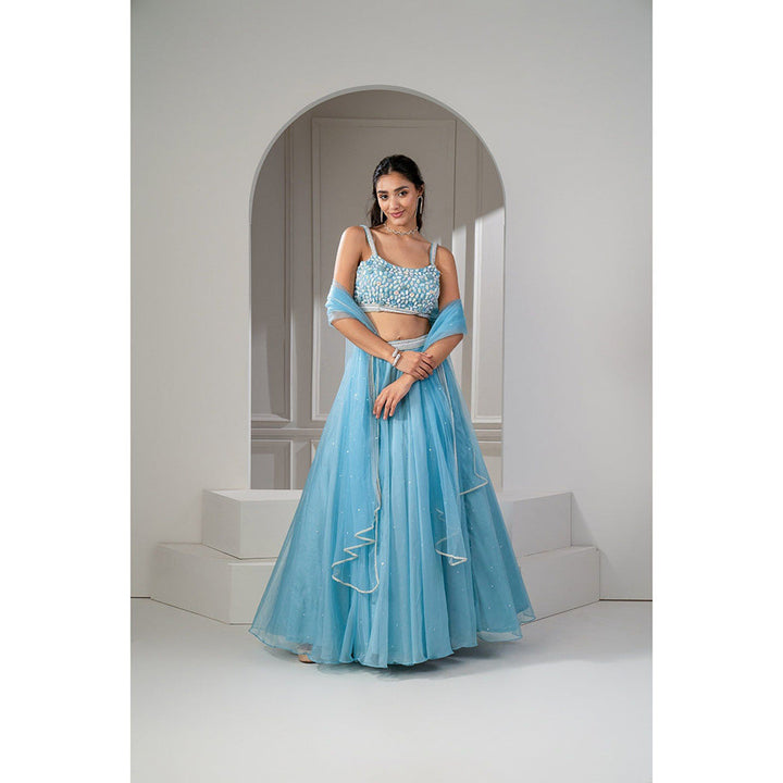 RIYAASAT Frost Blue Organza Sequinned Lehenga with Blouse and Dupatta (Set of 3)