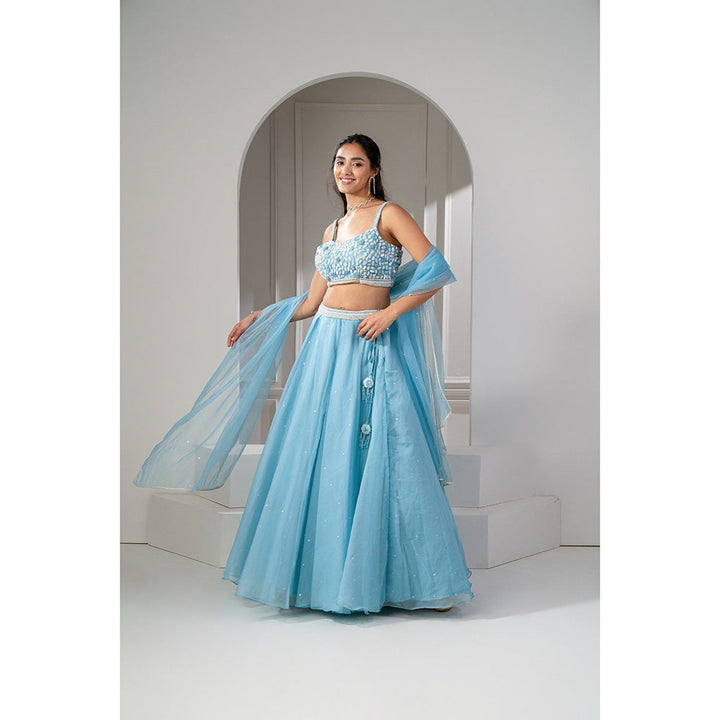 RIYAASAT Frost Blue Organza Sequinned Lehenga with Blouse and Dupatta (Set of 3)