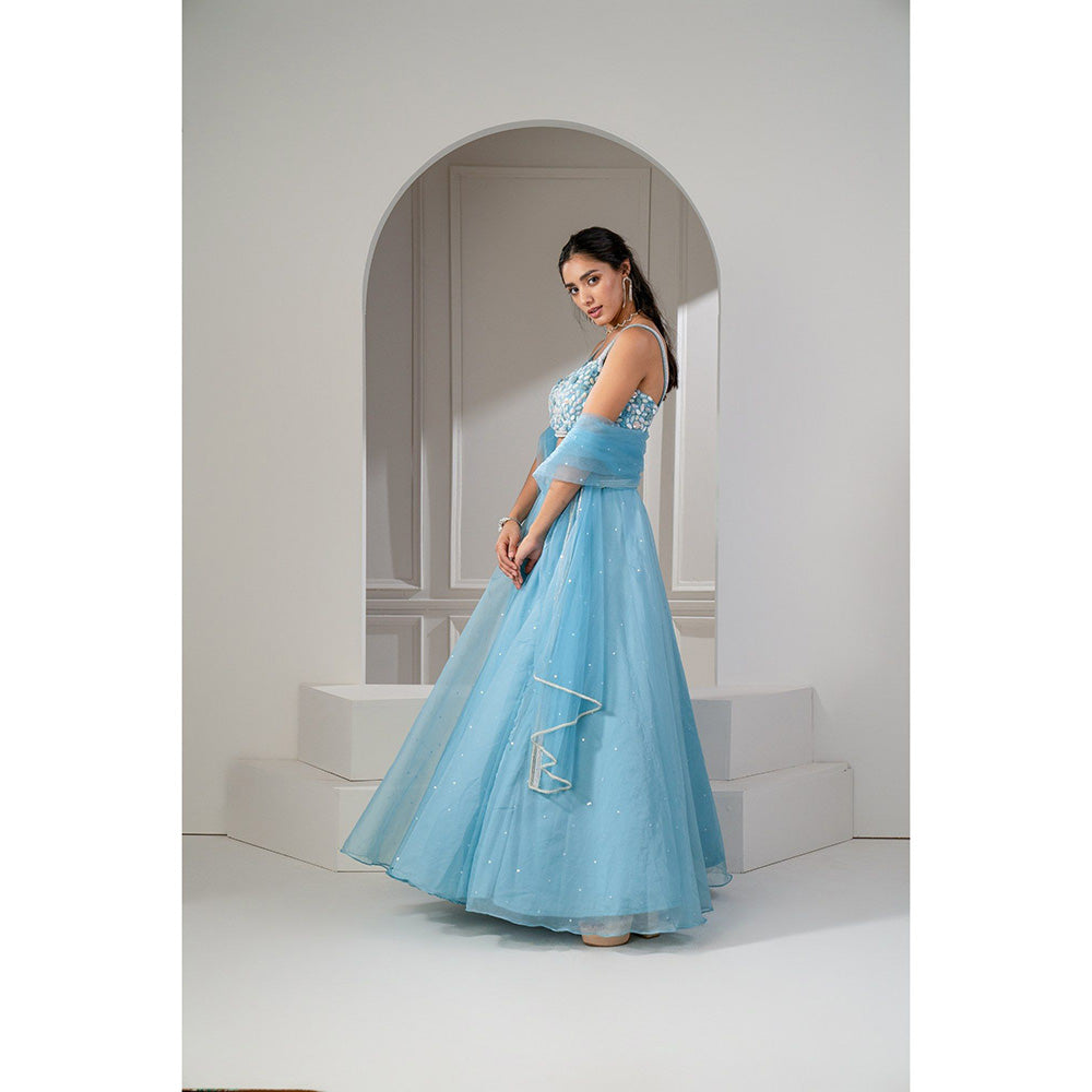 RIYAASAT Frost Blue Organza Sequinned Lehenga with Blouse and Dupatta (Set of 3)