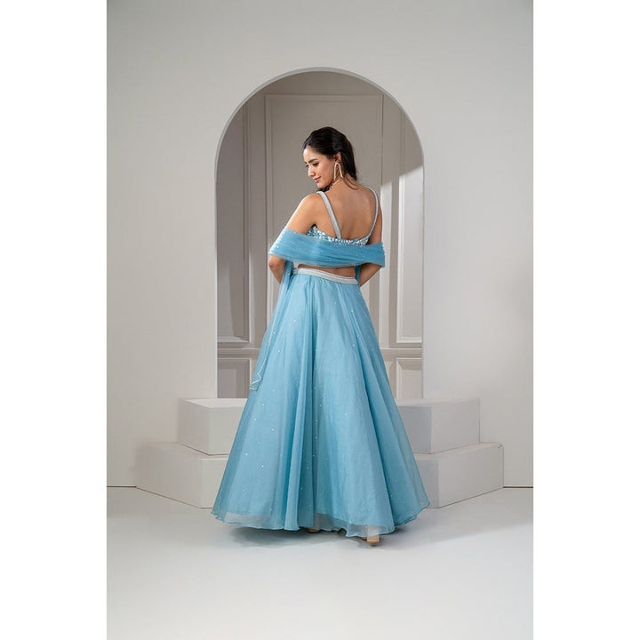 RIYAASAT Frost Blue Organza Sequinned Lehenga with Blouse and Dupatta (Set of 3)