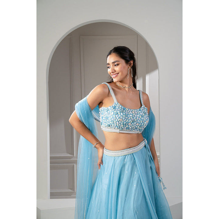 RIYAASAT Frost Blue Organza Sequinned Lehenga with Blouse and Dupatta (Set of 3)